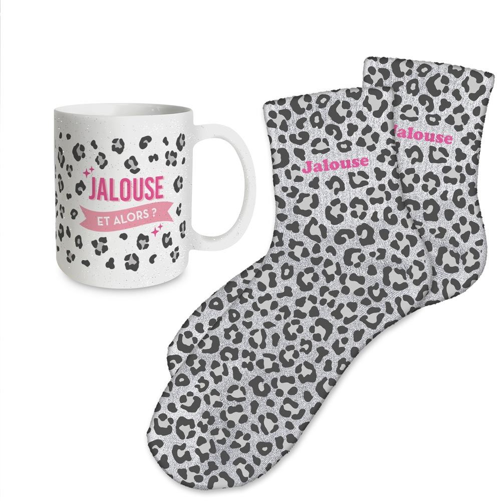 Coffret mug chaussettes paillettes leopard jalouse