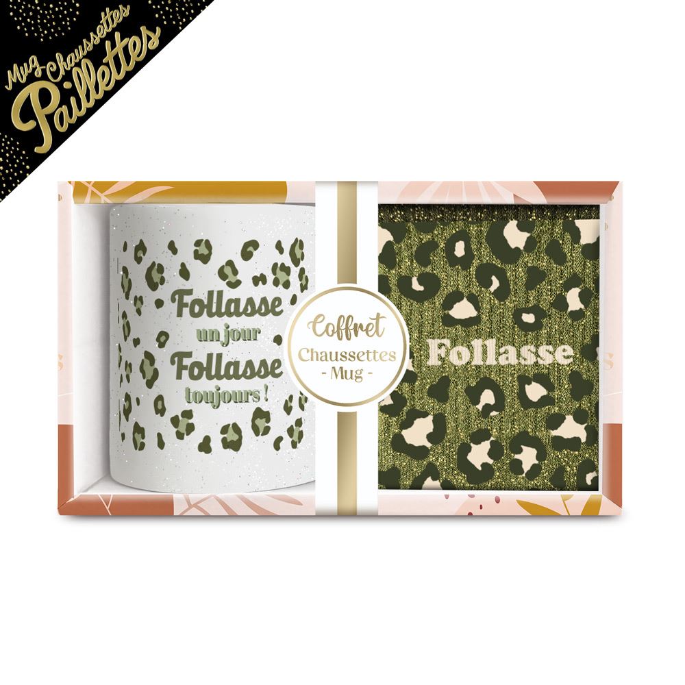 Coffret mug chaussettes paillettes leopard follasse