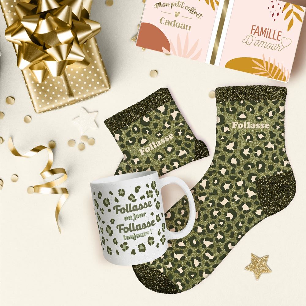 Coffret mug chaussettes paillettes leopard follasse