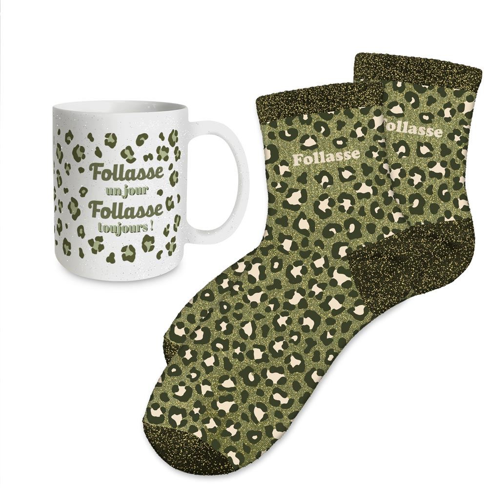 Coffret mug chaussettes paillettes leopard follasse