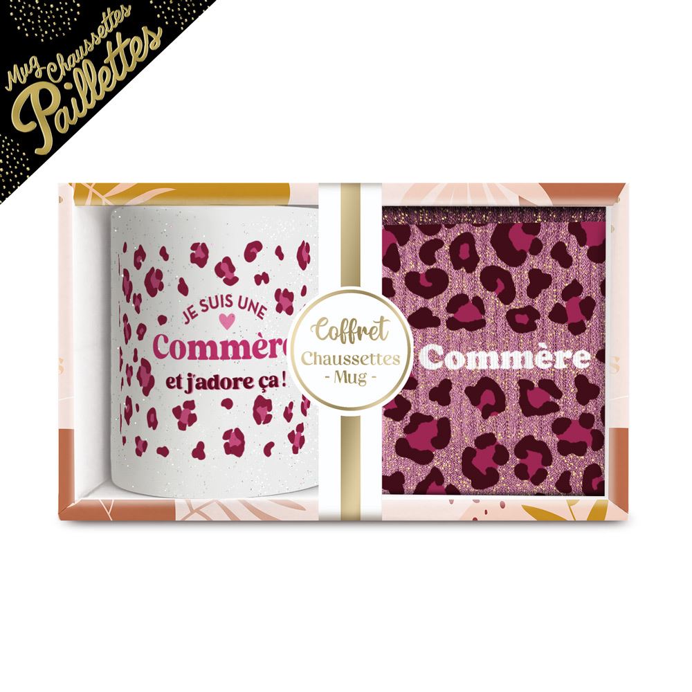 Coffret mug chaussettes paillettes leopard commere