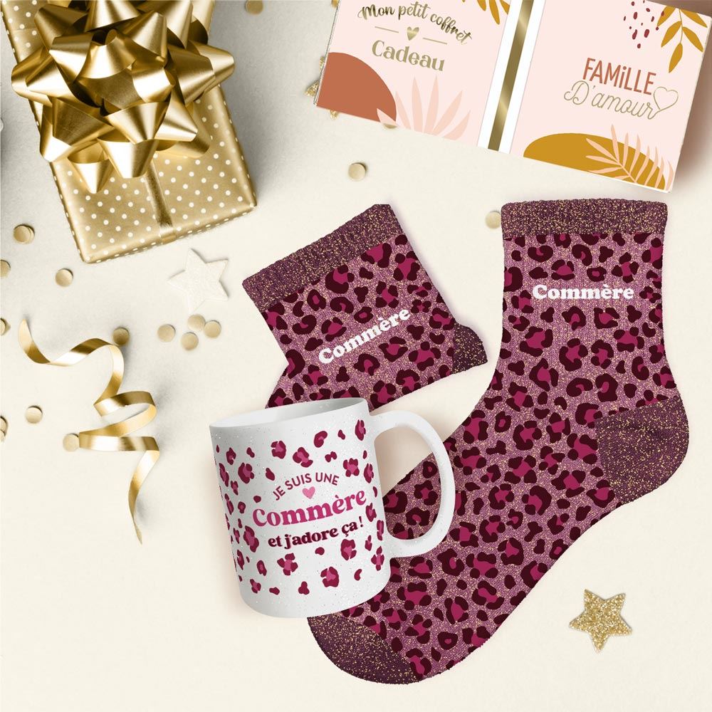Coffret mug chaussettes paillettes leopard commere