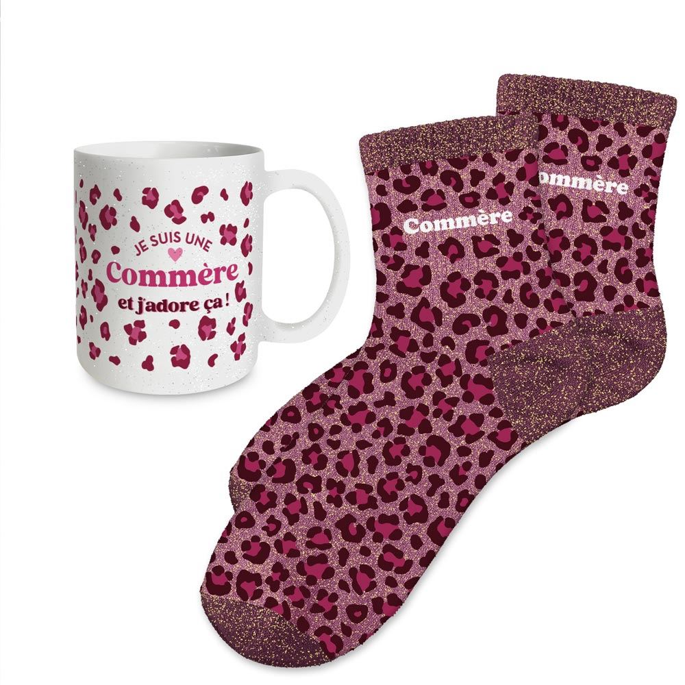 Coffret mug chaussettes paillettes leopard commere