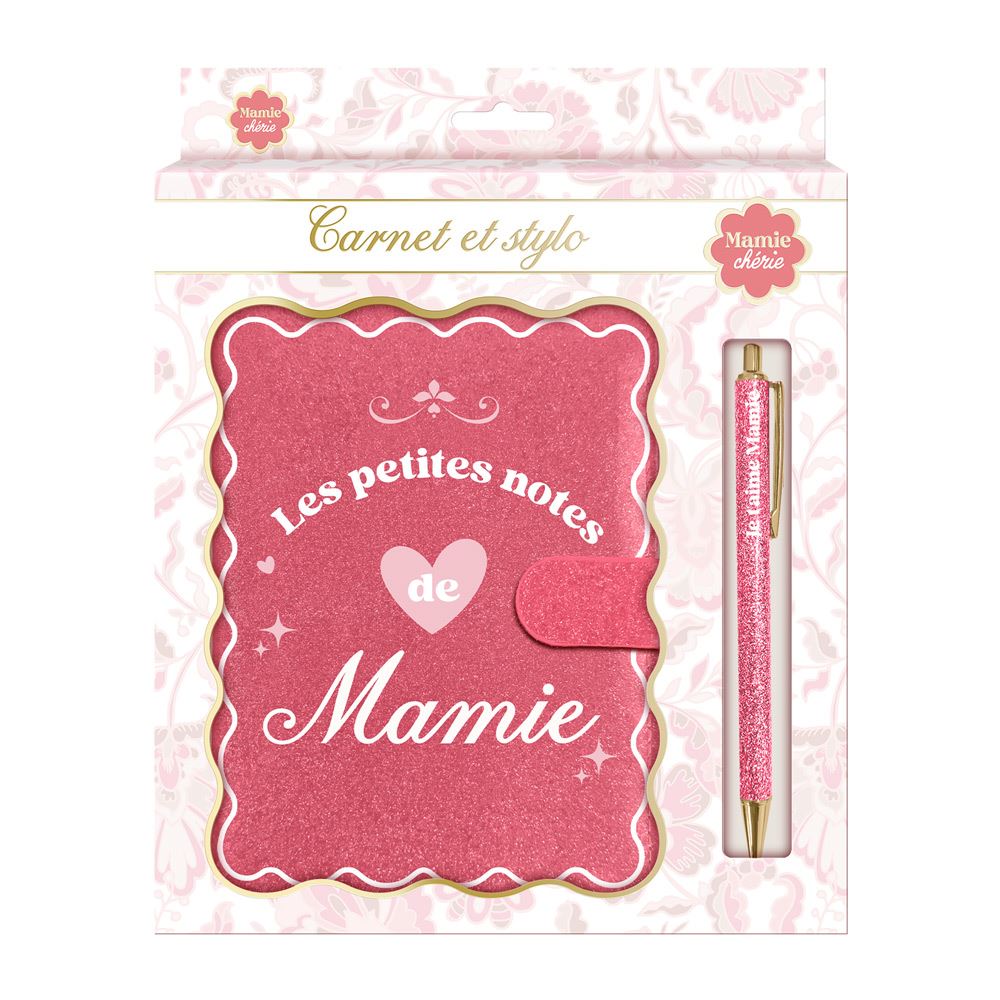 Coffret carnet notes stylo paillettes mamie