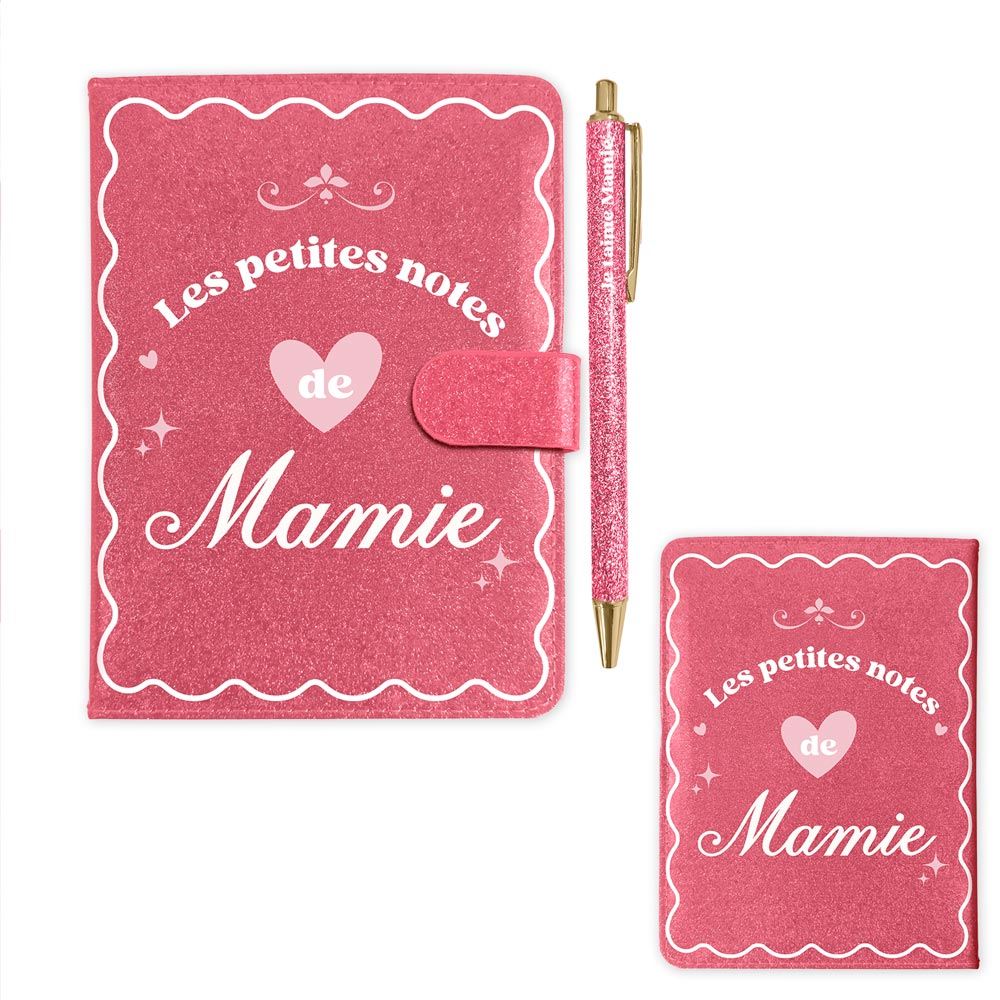 Coffret carnet notes stylo paillettes mamie