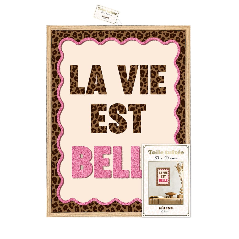 Toile tuftee leopard "la vie est belle"