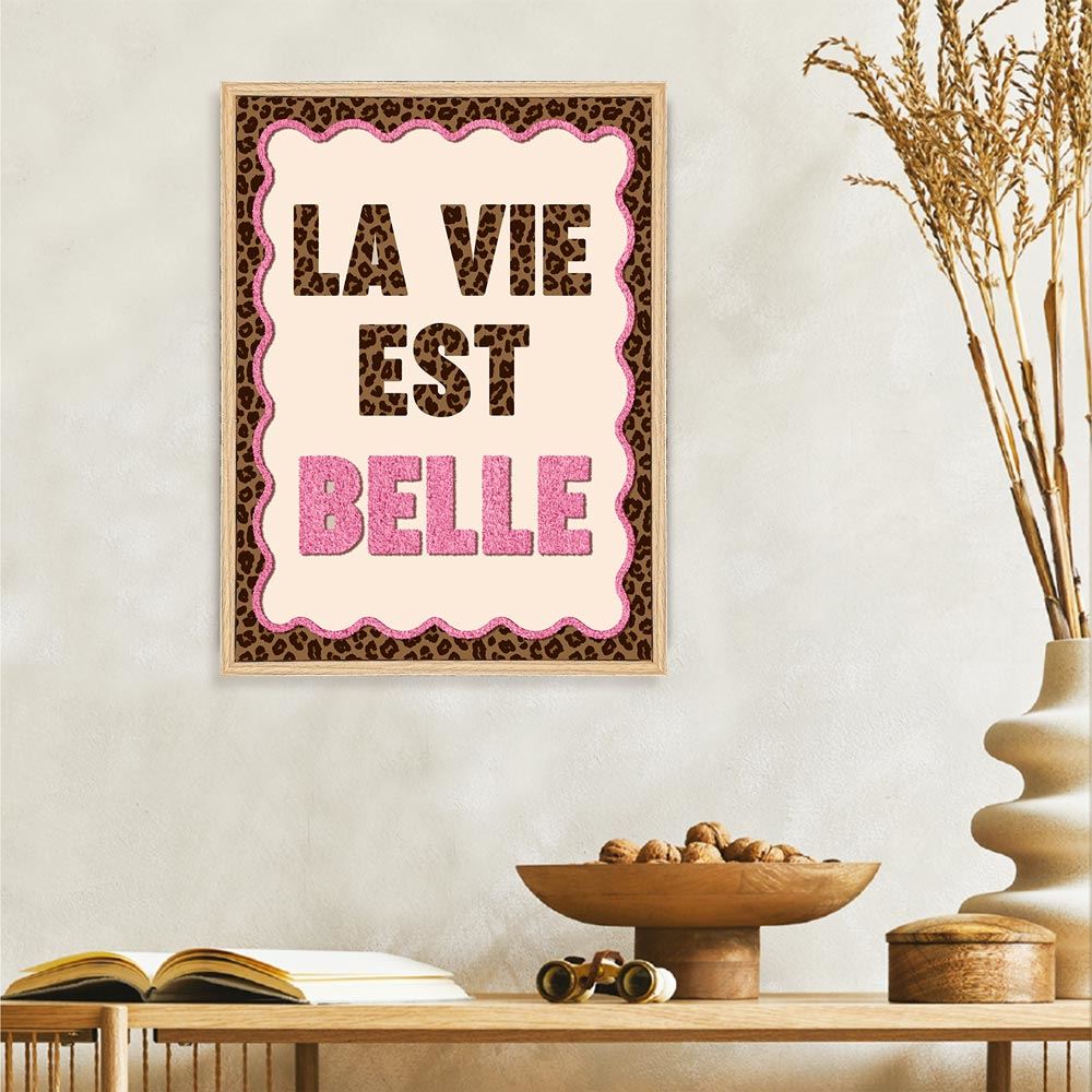 Toile tuftee leopard "la vie est belle"
