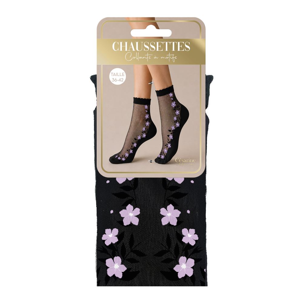 Chaussettes collants motifs fleurs violettes