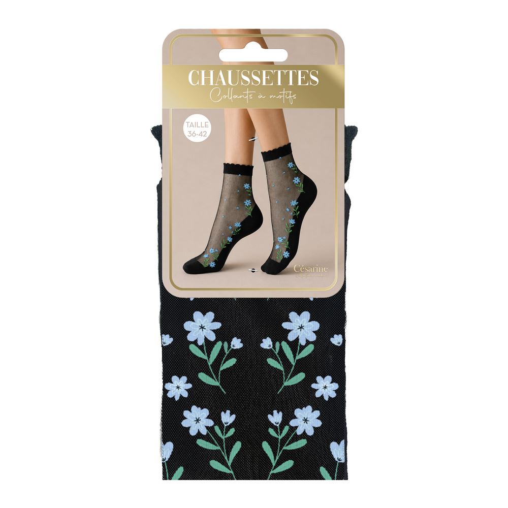 Chaussettes collants motifs fleurs bleues