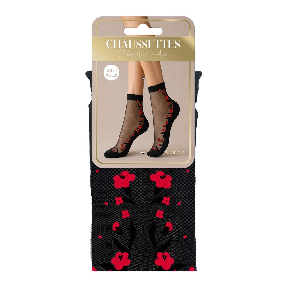Chaussettes collants motifs fleurs rouges