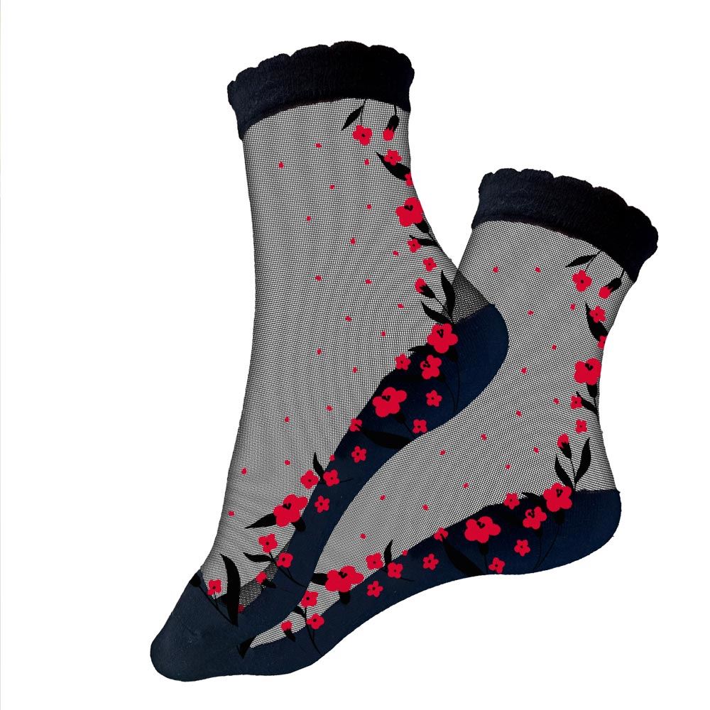 Chaussettes collants motifs fleurs rouges