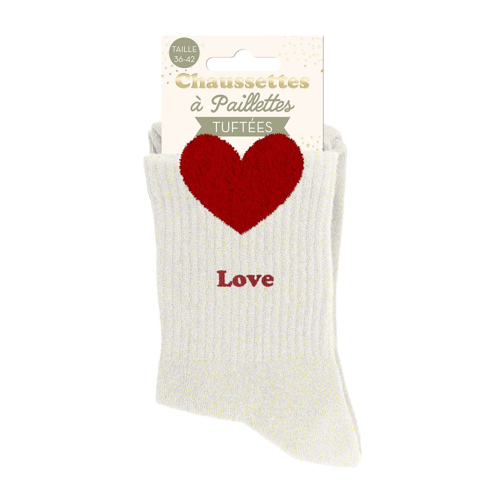 Chaussettes paillettes tuftees love cŒur rouge