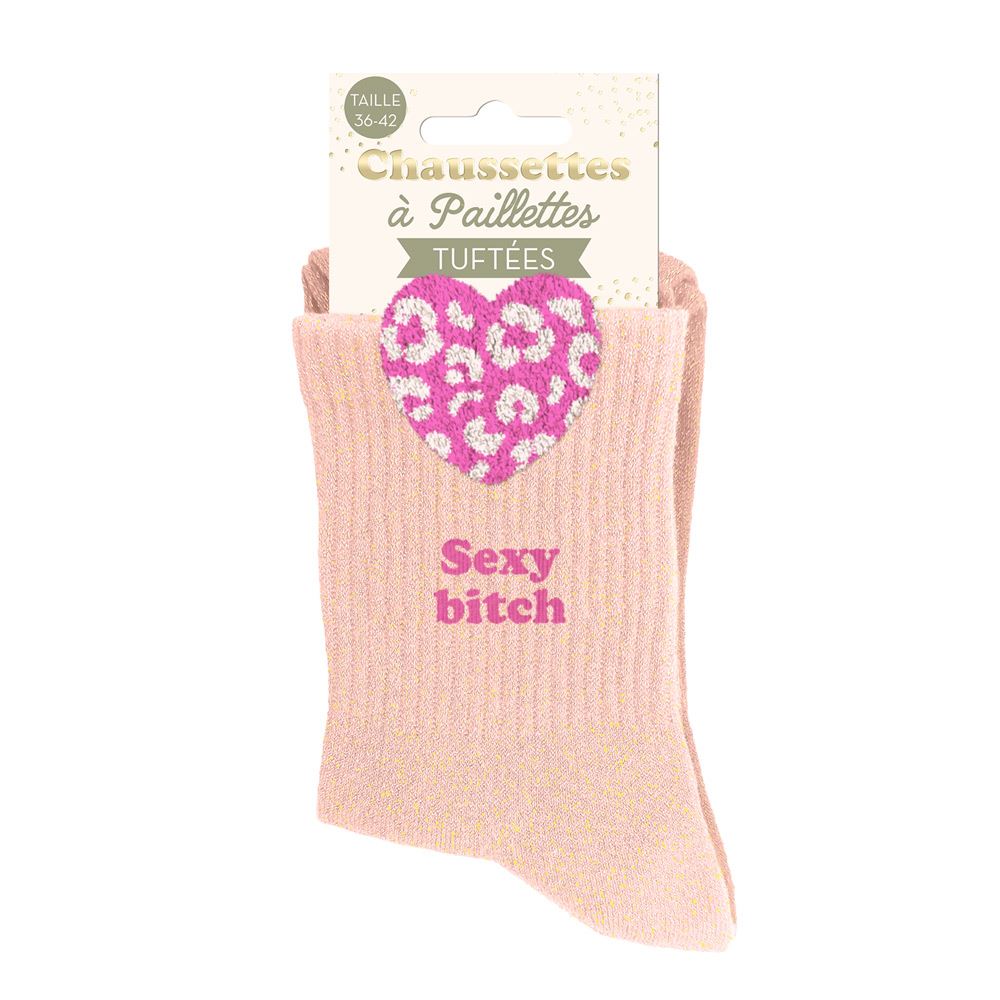 Chaussettes paillettes tuftees sexy bitch cŒur leopard