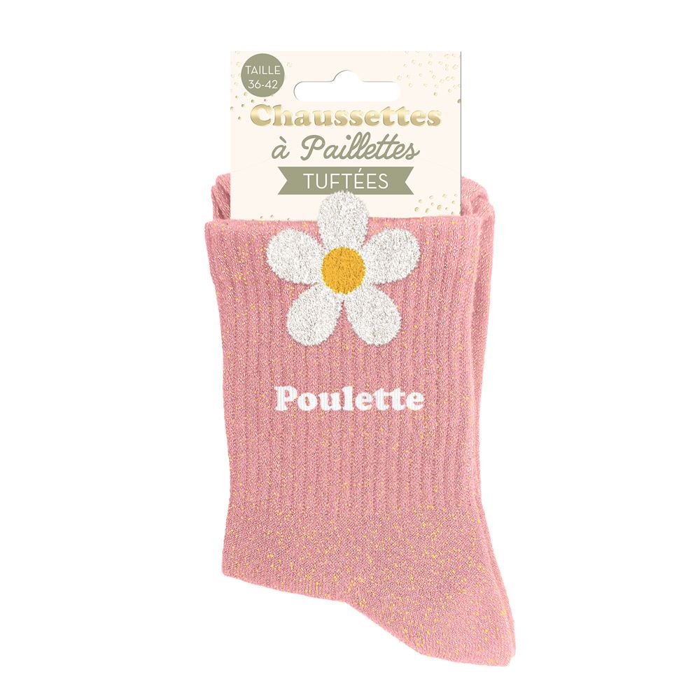 Chaussettes paillettes tuftees poulette fleur blanche