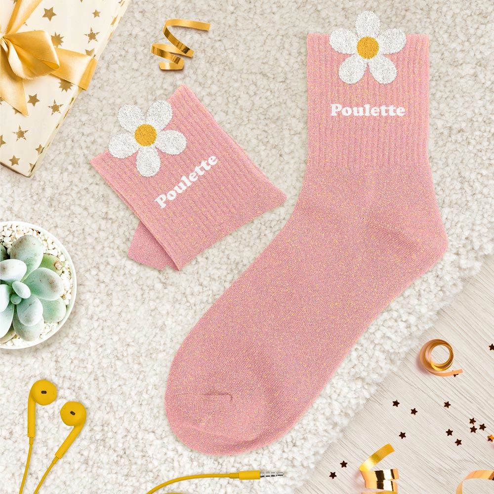 Chaussettes paillettes tuftees poulette fleur blanche