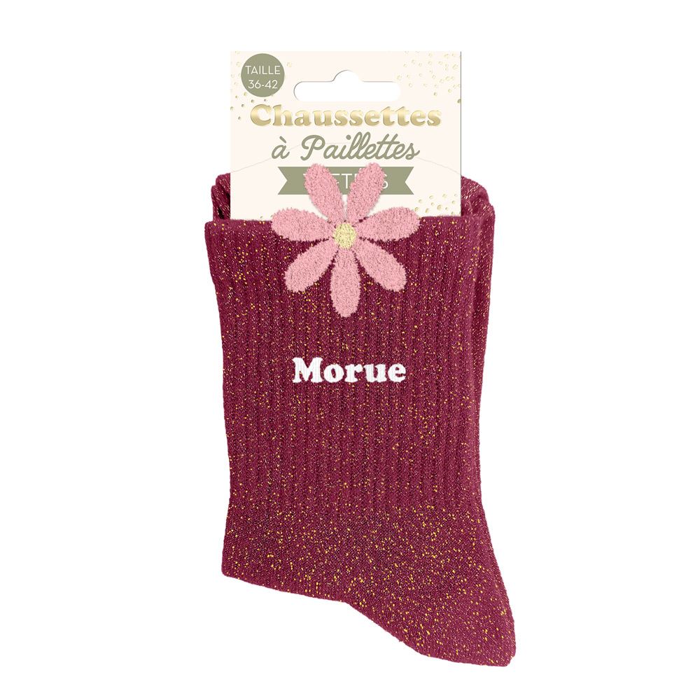 Chaussettes paillettes tuftees morue fleur rose