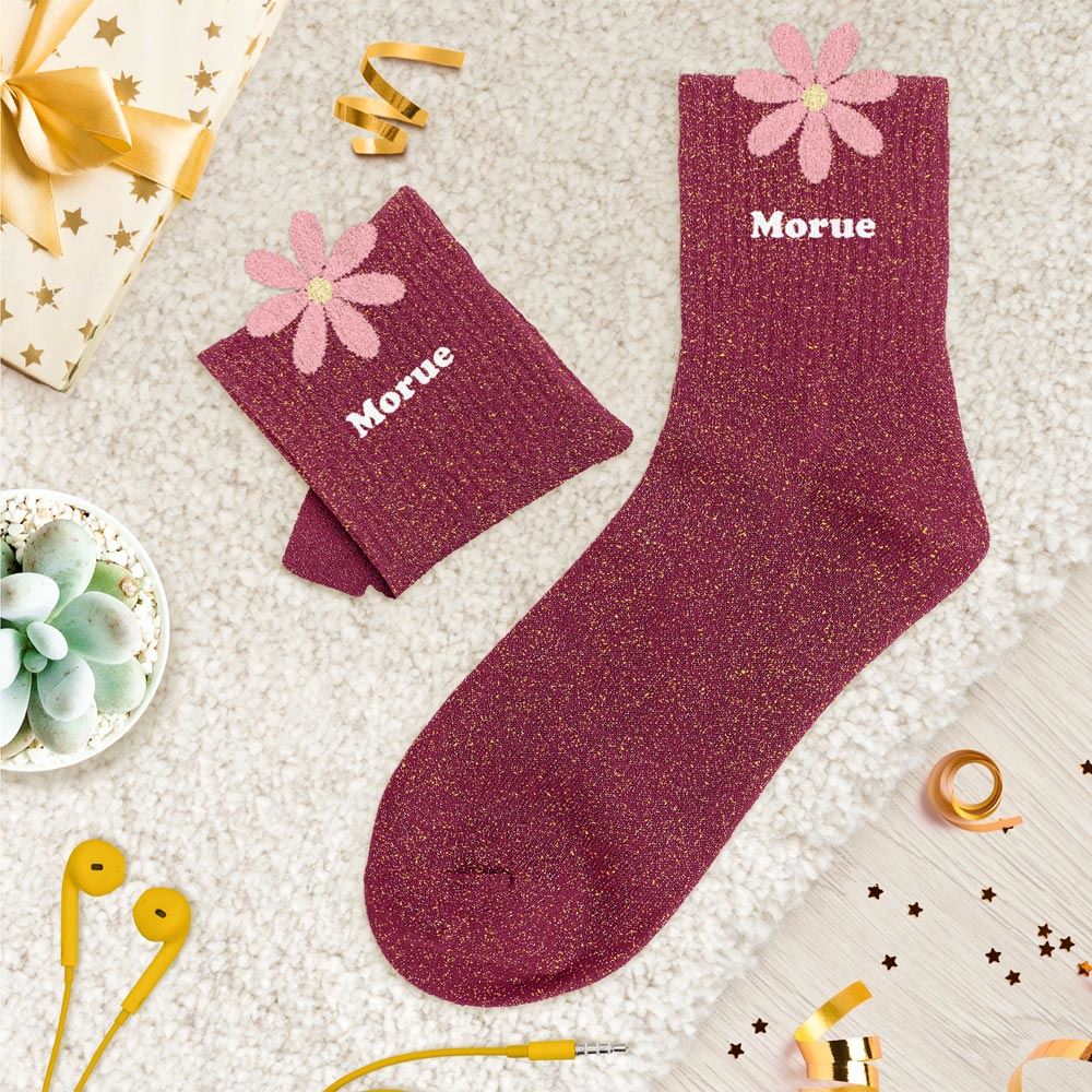 Chaussettes paillettes tuftees morue fleur rose