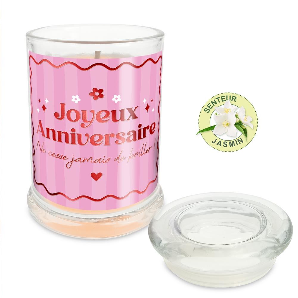 Bougie verre jasmin joyeux anniversaire