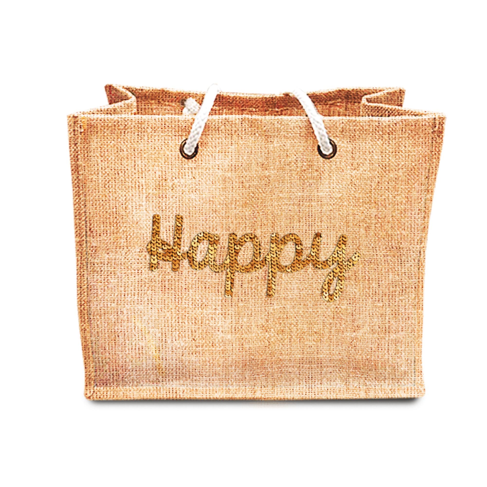 Sac jute sequin dore happy
