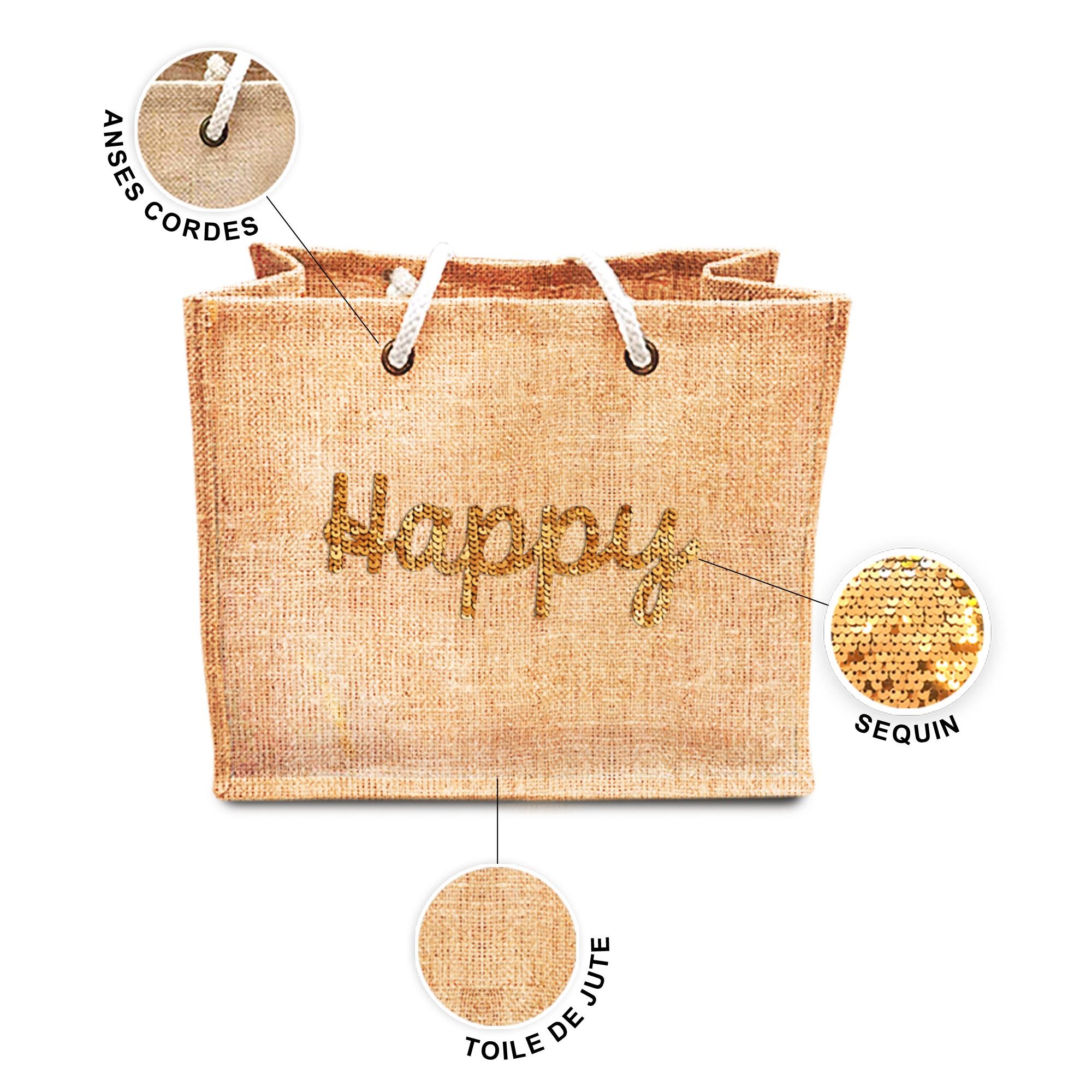 Sac jute sequin dore happy