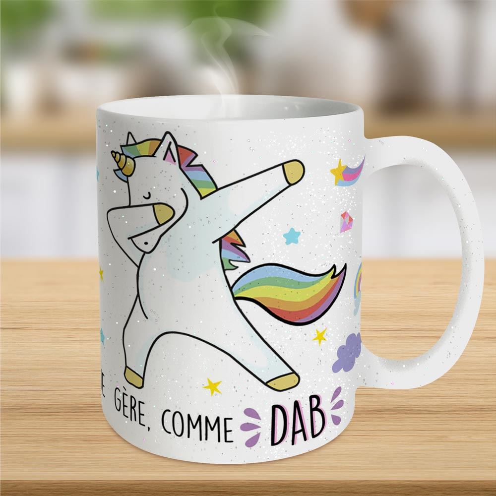 Mug licorne a paillettes "je gere comme dab"