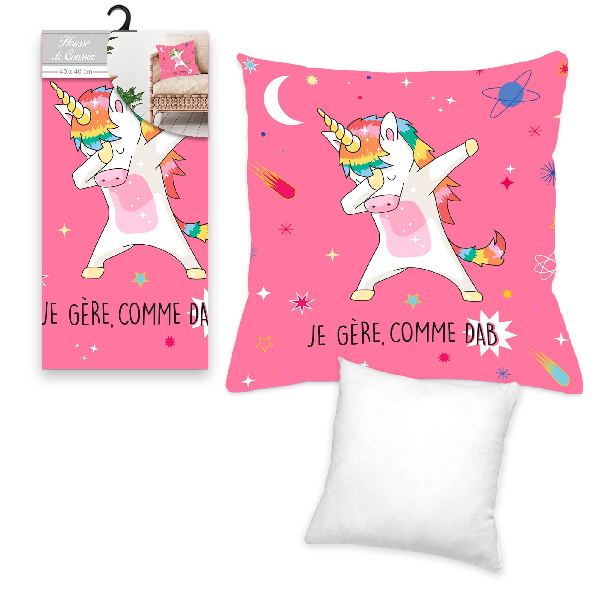 Housse coussin licorne "...dab"