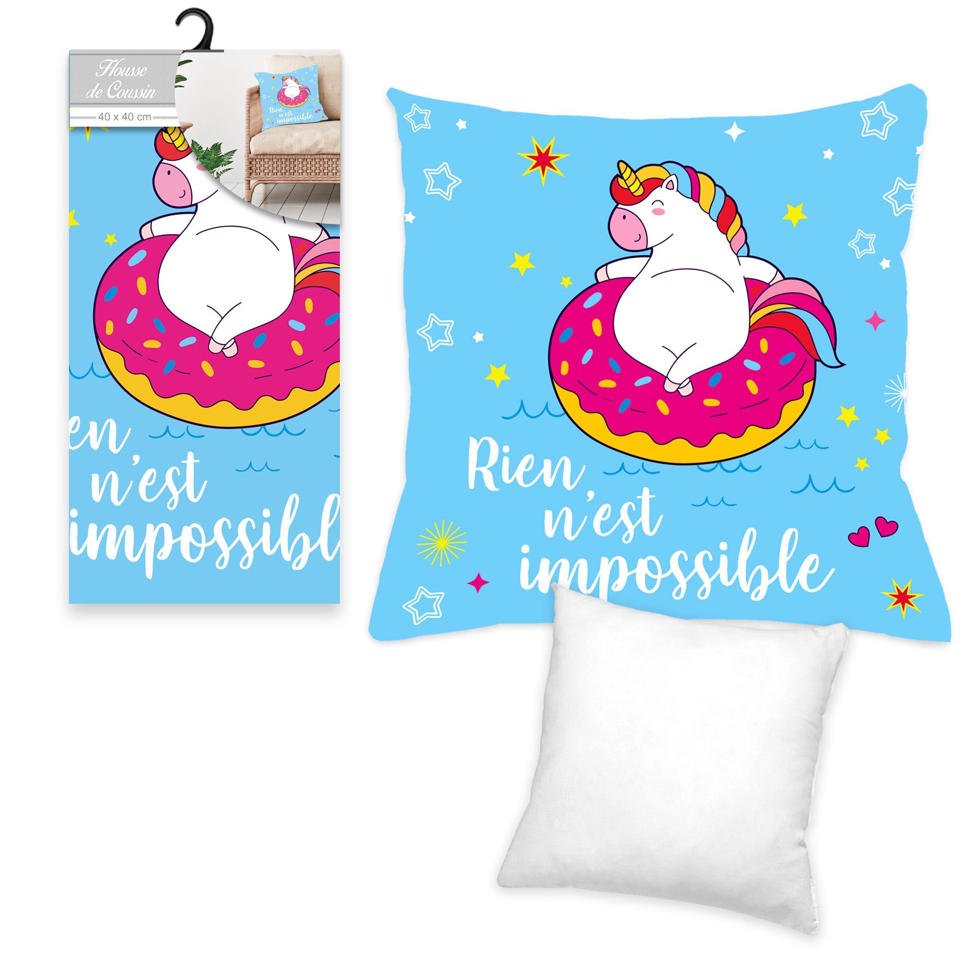Housse coussin licorne "impossible"