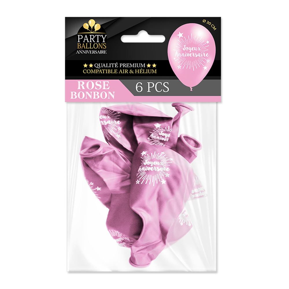 Pack 6 ballons anniv rose bonbon