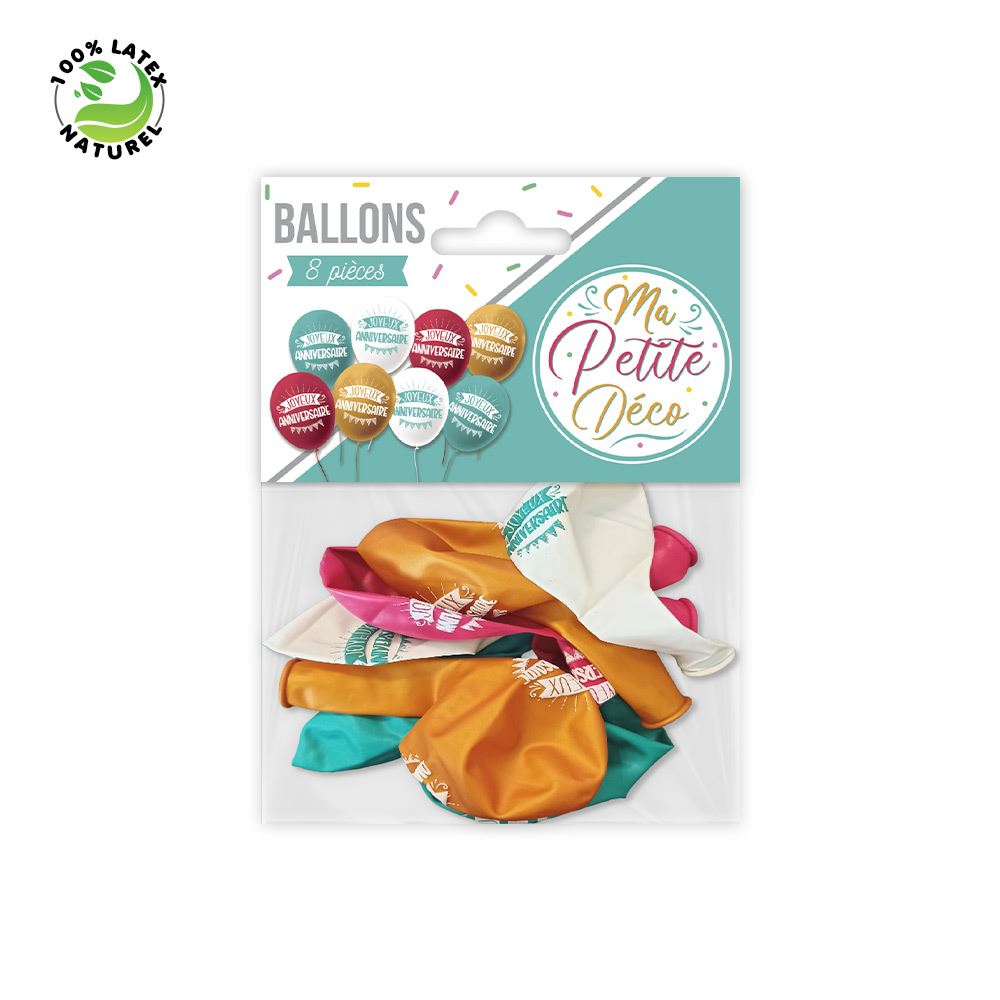 Sachet 8 ballons anniv mixte/