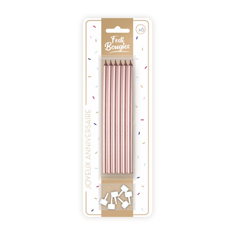 Pack 6 bougies longues rose dore