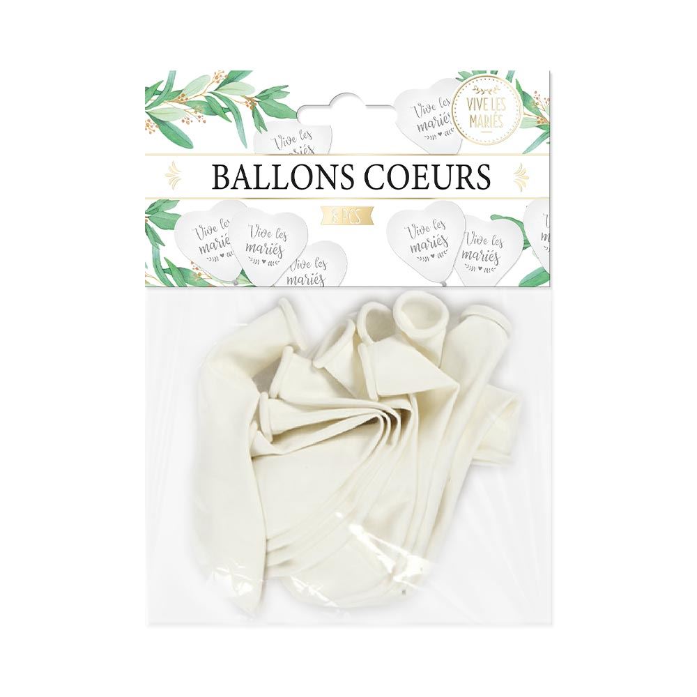 Sachet 8 ballons coeurs "vive les maries"