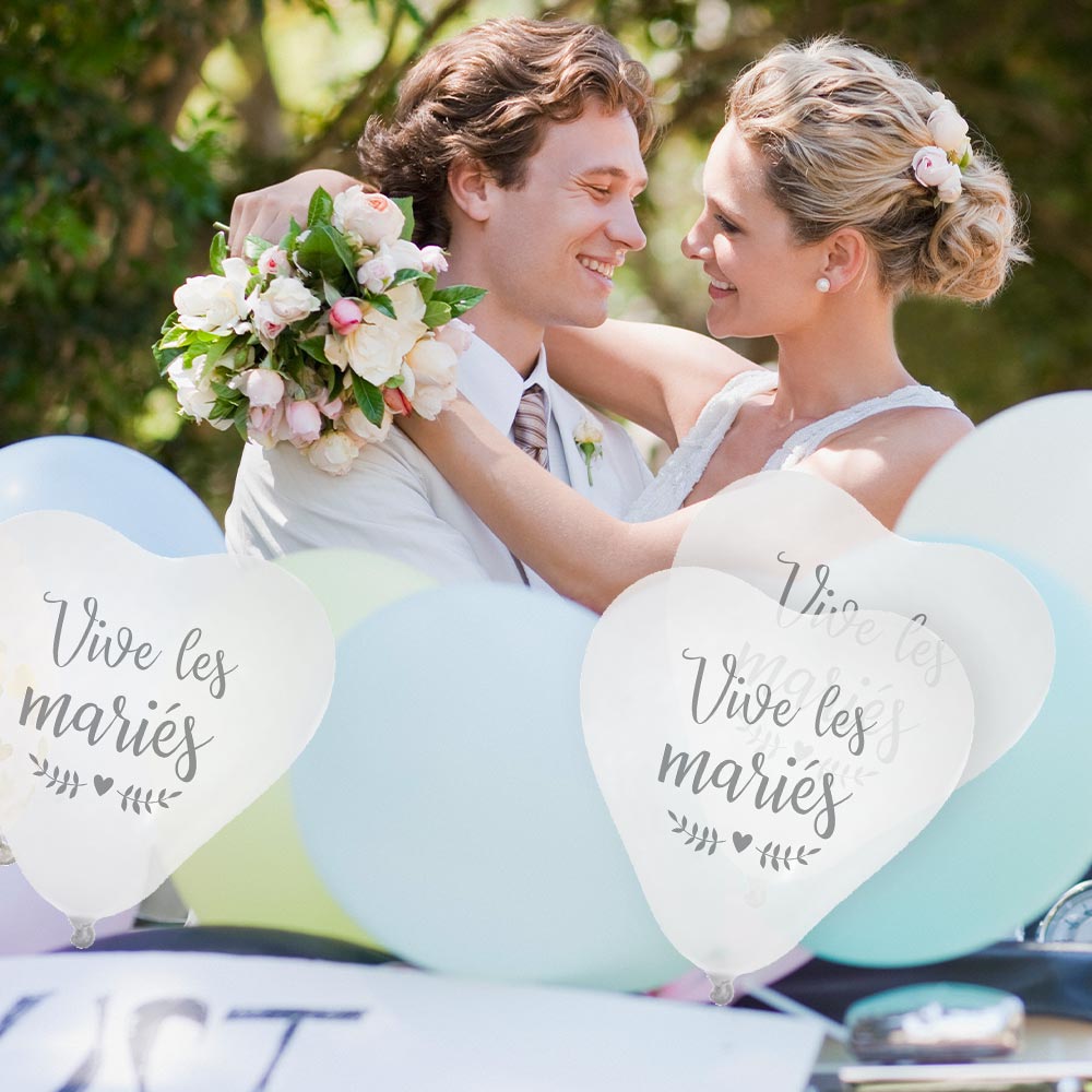 Sachet 8 ballons coeurs "vive les maries"