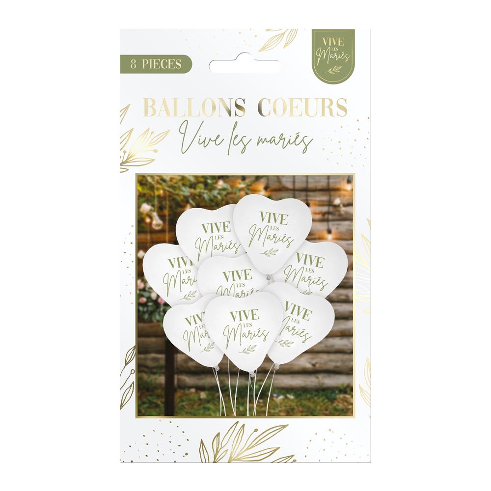 Sachet 8 ballons cŒurs "vive les maries"