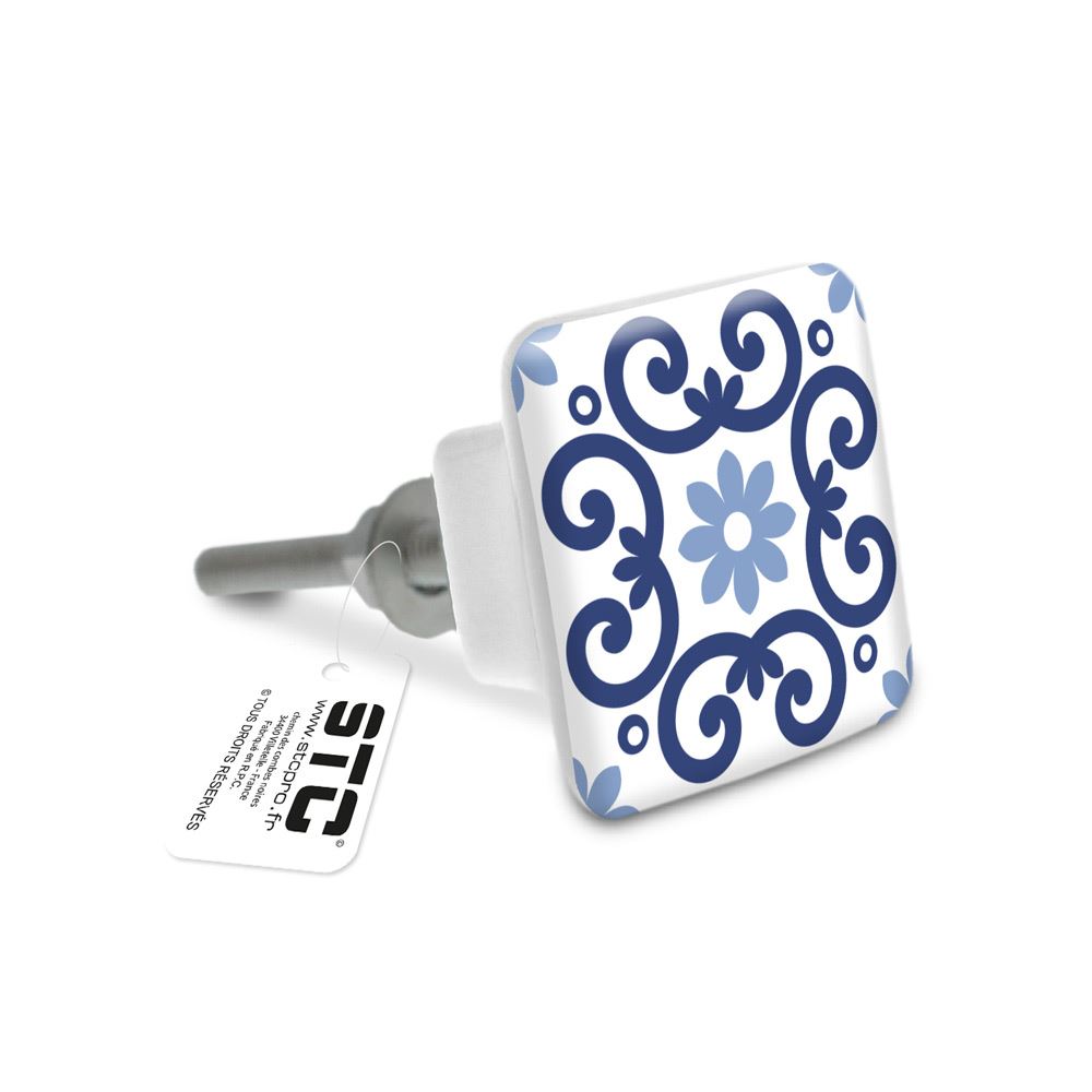 Bouton de meuble carre carreau ciment bleu