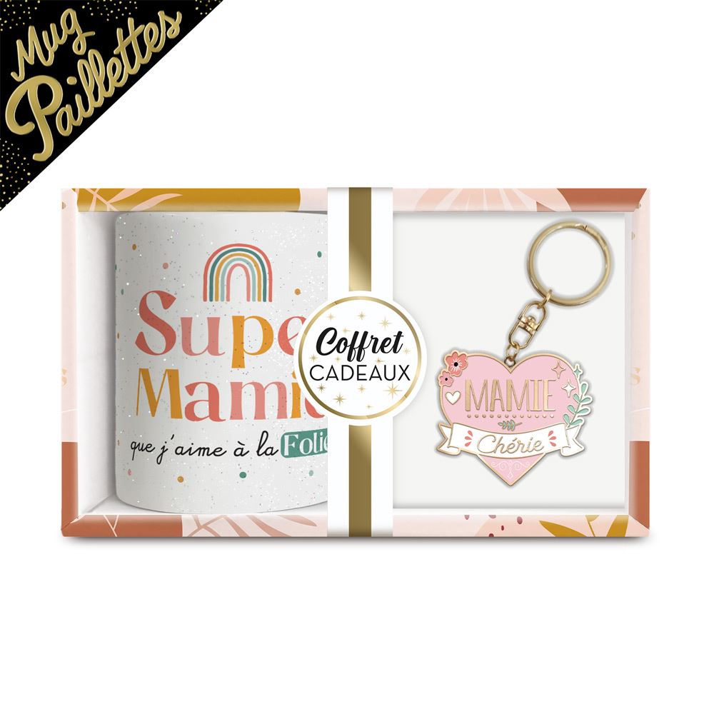 Coffret mug porte cle "mamie cherie" a paillettes
