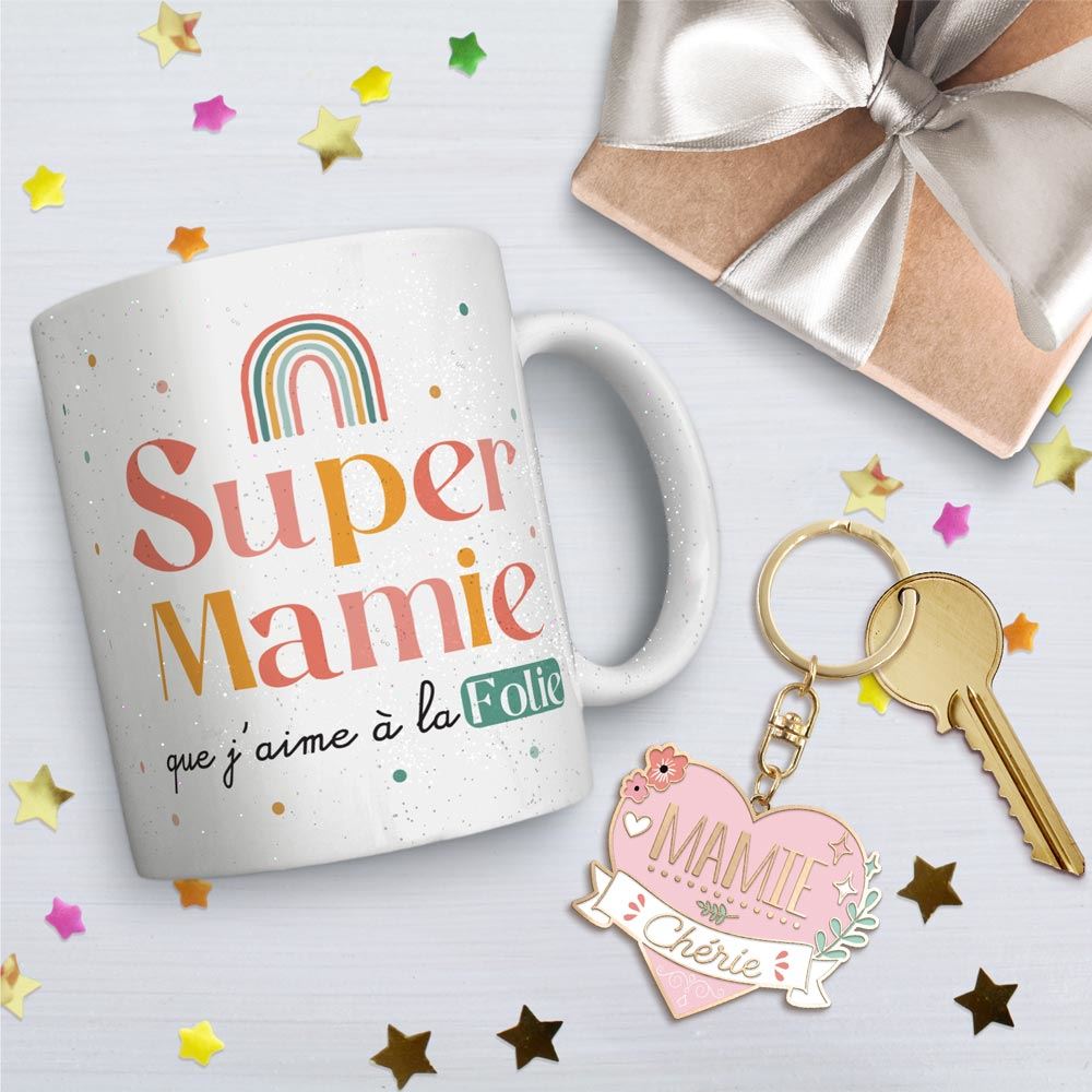 Coffret mug porte cle "mamie cherie" a paillettes
