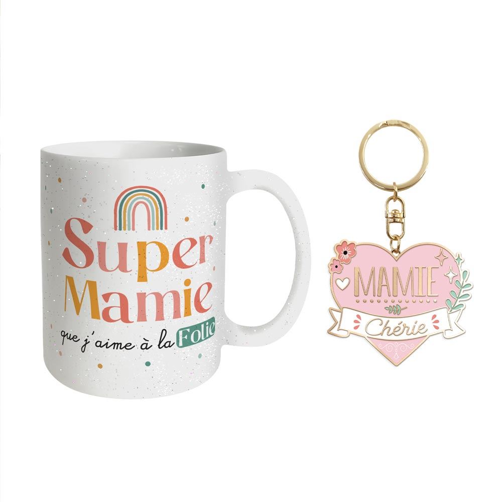 Coffret mug porte cle "mamie cherie" a paillettes

