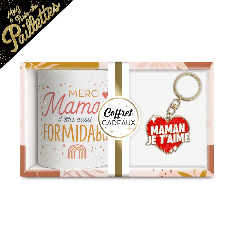 Coffret mug porte cle "maman je t aime" a paillettes