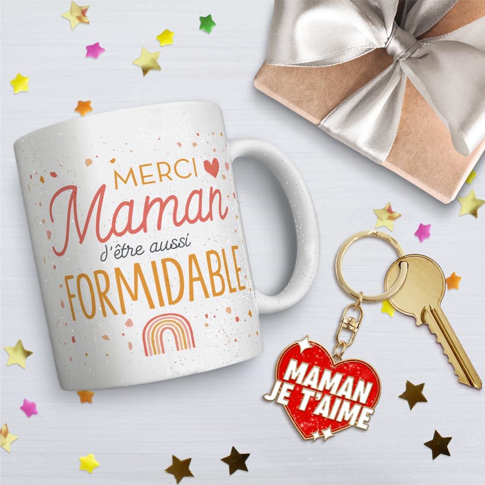Coffret mug porte cle "maman je t aime" a paillettes