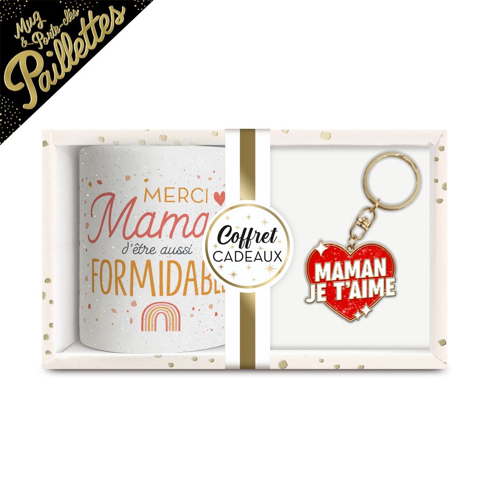 Coffret mug porte cle "maman je t aime" a paillettes