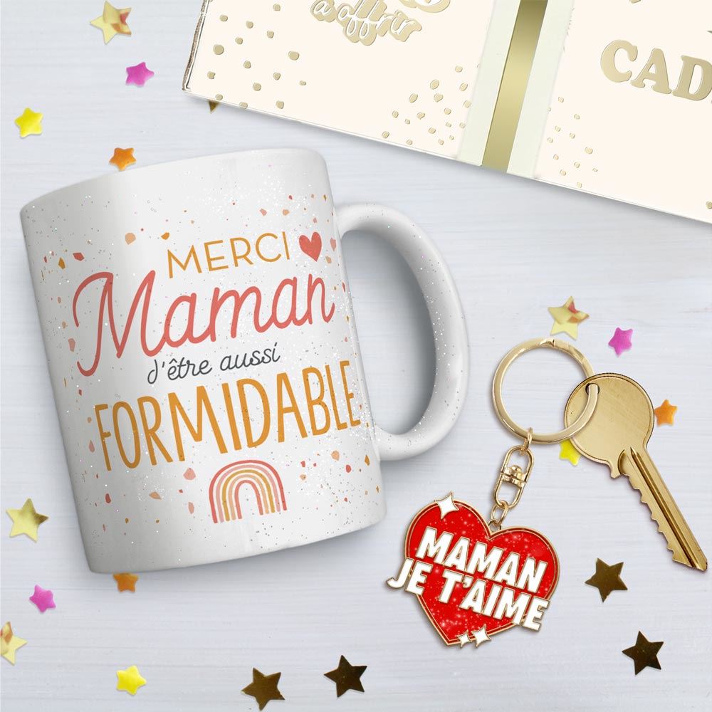 Coffret mug porte cle "maman je t aime" a paillettes