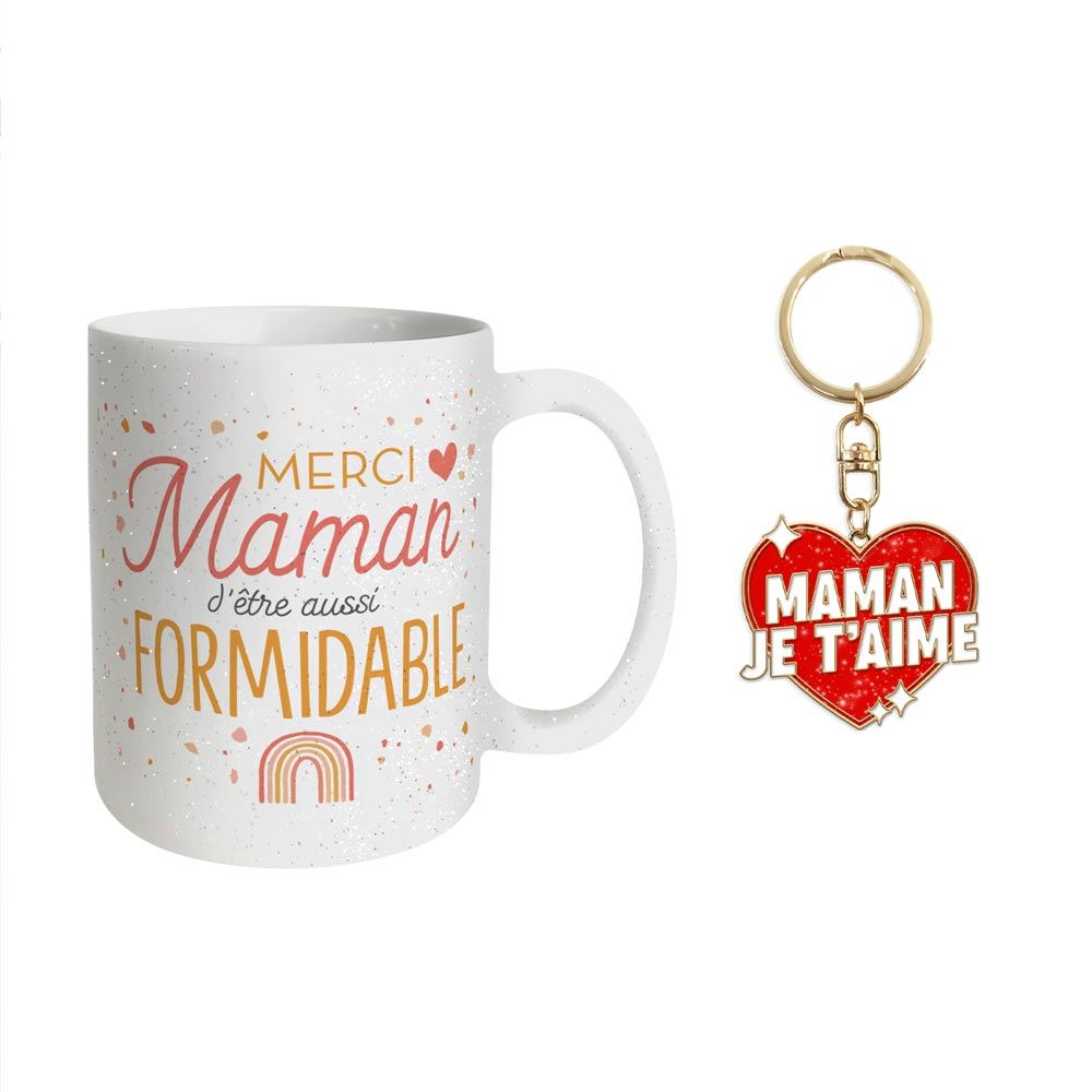 Coffret mug porte cle "maman je t aime" a paillettes