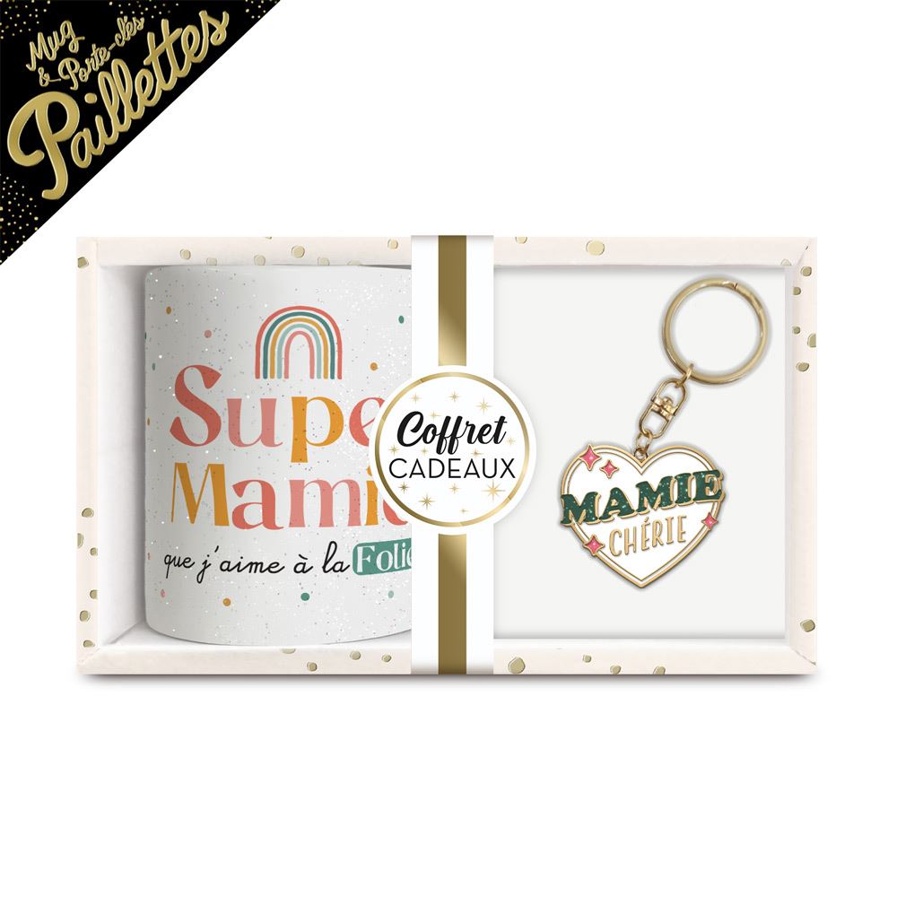 Coffret mug porte cle "mamie cherie" a paillettes