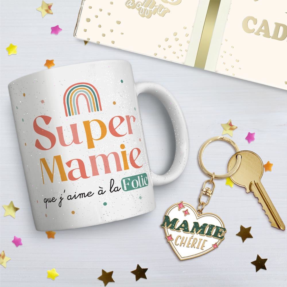 Coffret mug porte cle "mamie cherie" a paillettes