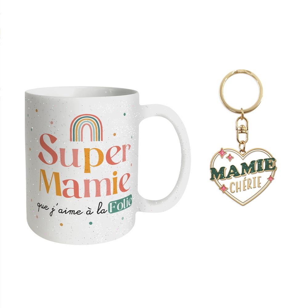 Coffret mug porte cle "mamie cherie" a paillettes