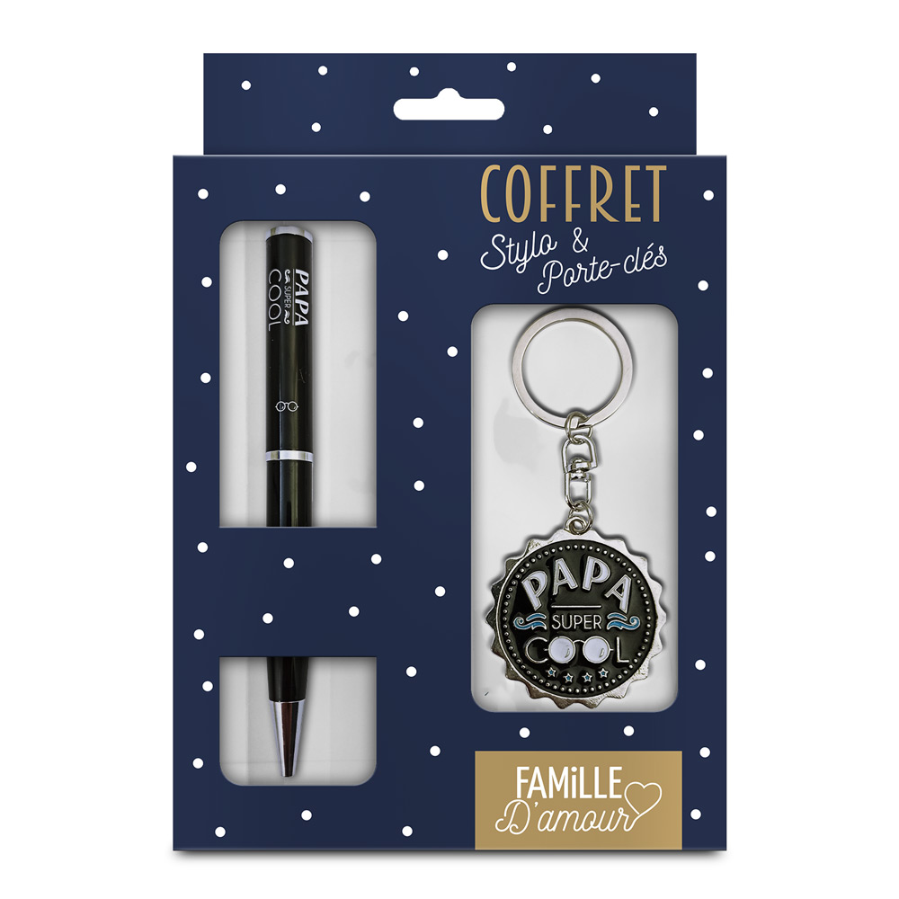 Coffret stylo + porte cle "papa super cool"