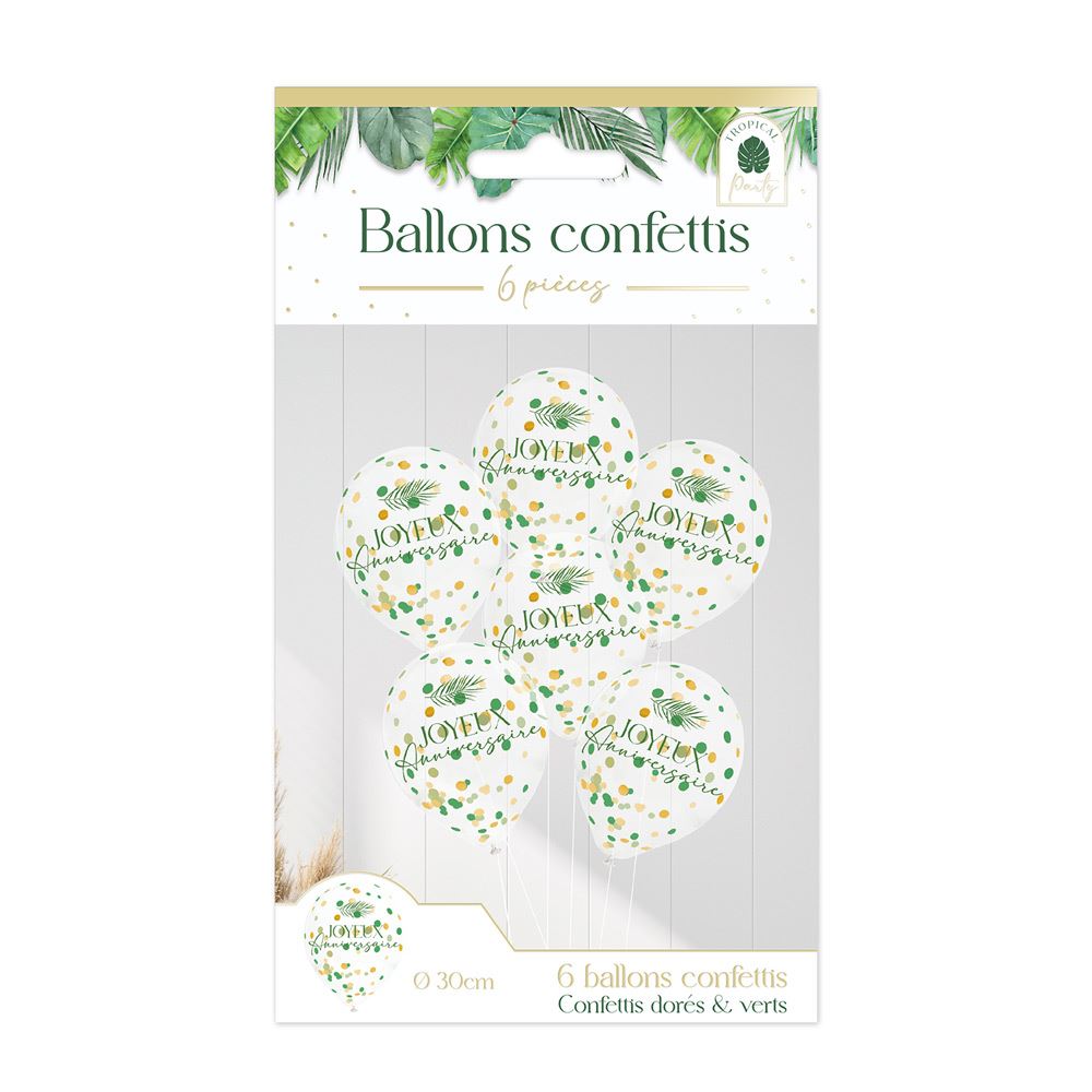 Sachet 6 ballons confettis tropical party
