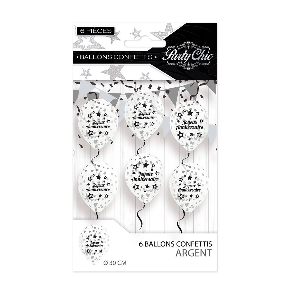 Sachet 6 ballons confettis party chic argent