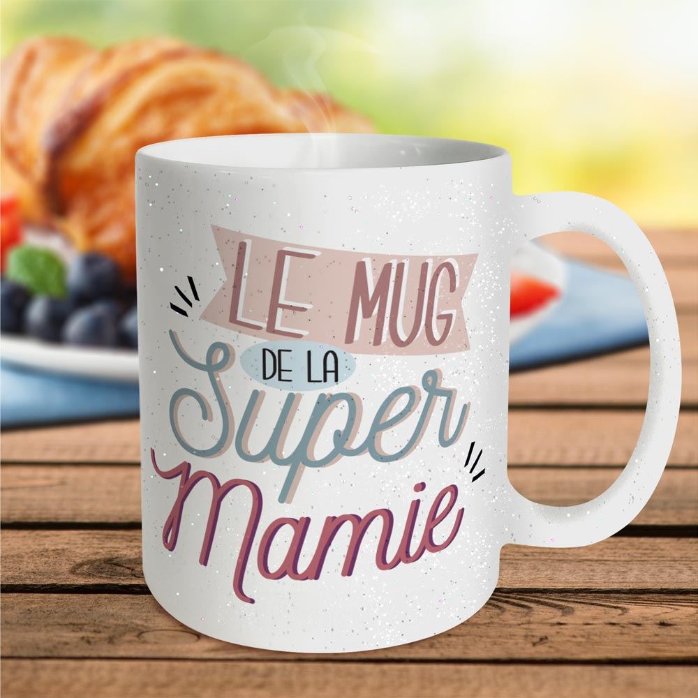 Mug a paillettes "le mug de la super mamie"
