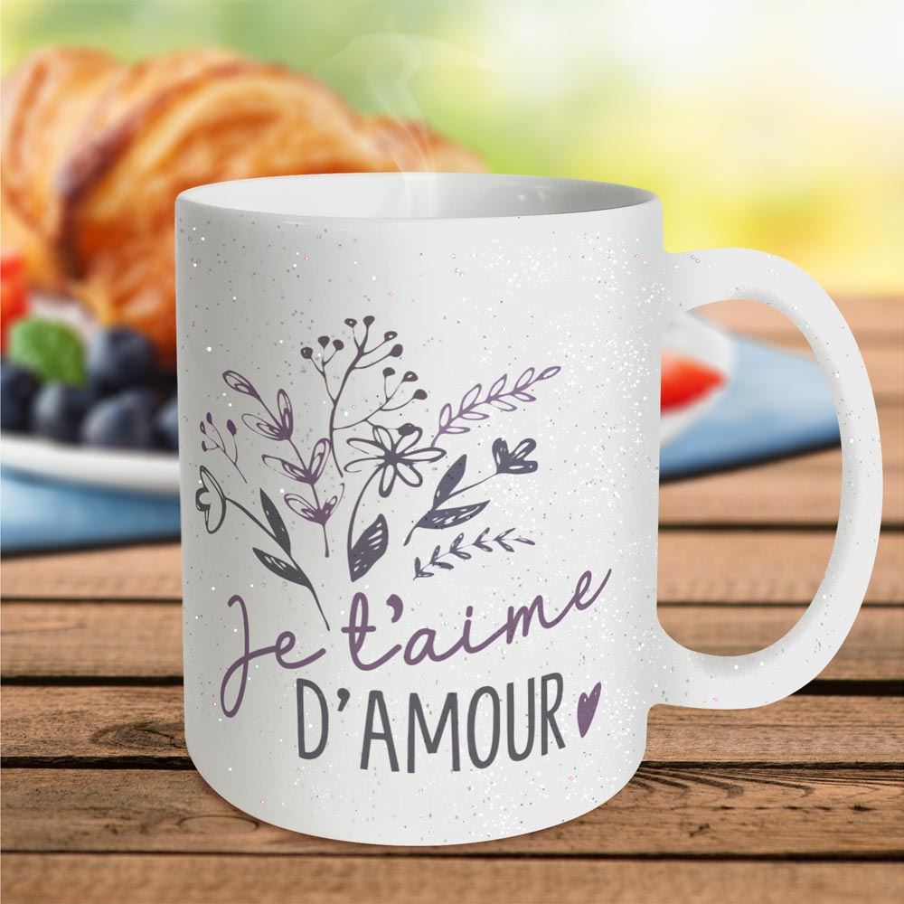 Mug a paillettes "je t aime d amour" 
